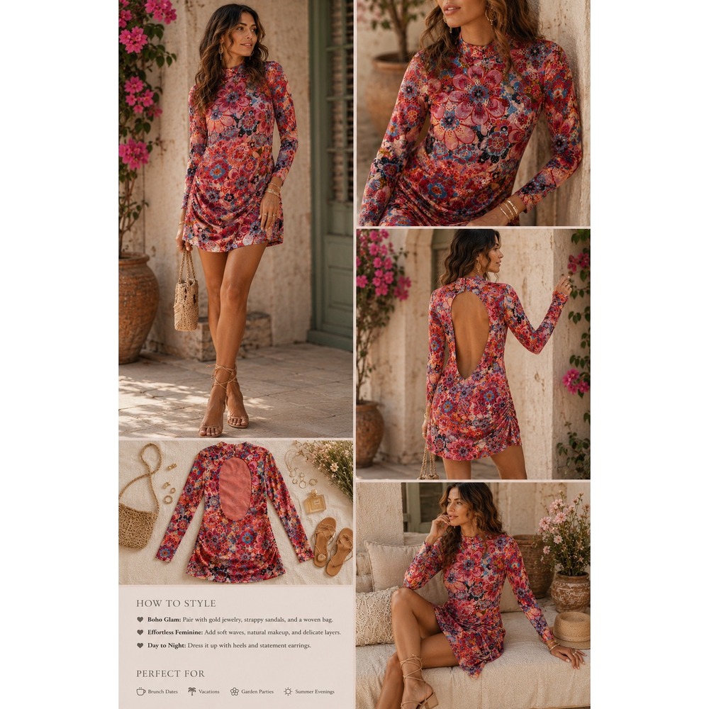 Free People Floral Velvet Mock Neck Open Back Mini Dress Pink Orange Blue Small